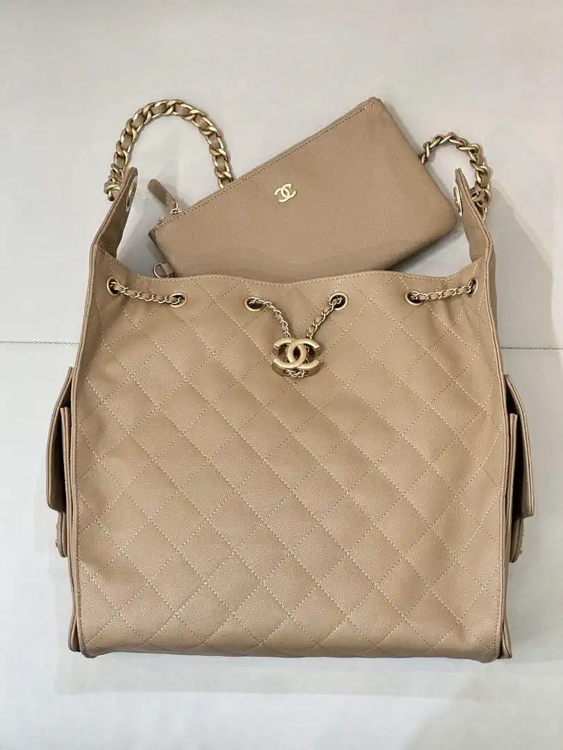 Chanel AS5311 Large Hobo Shiny Calfskin & Gold-Tone Metal Khaki