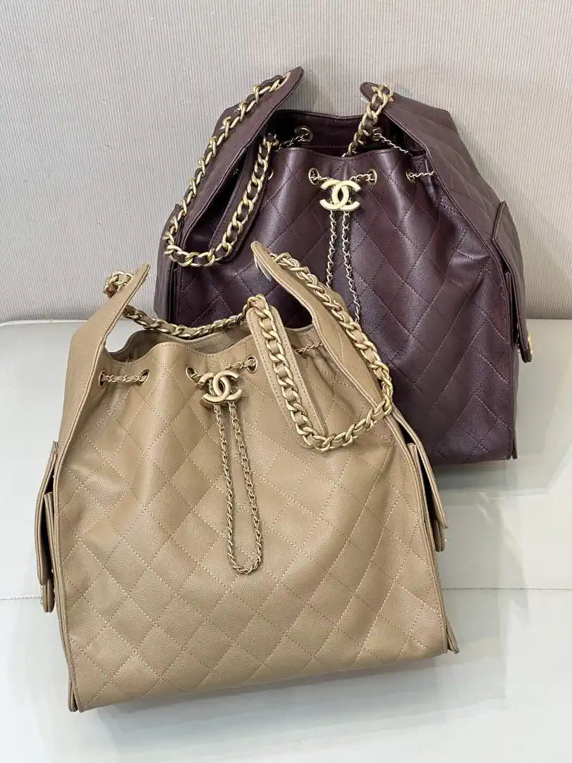 Chanel AS5311 Large Hobo Shiny Calfskin & Gold-Tone Metal Khaki