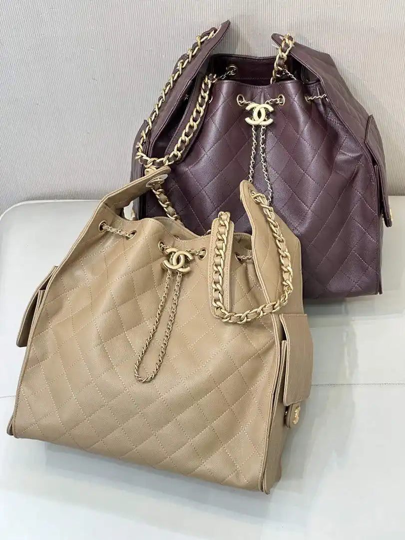 Chanel AS5311 Large Hobo Shiny Calfskin & Gold-Tone Metal Khaki