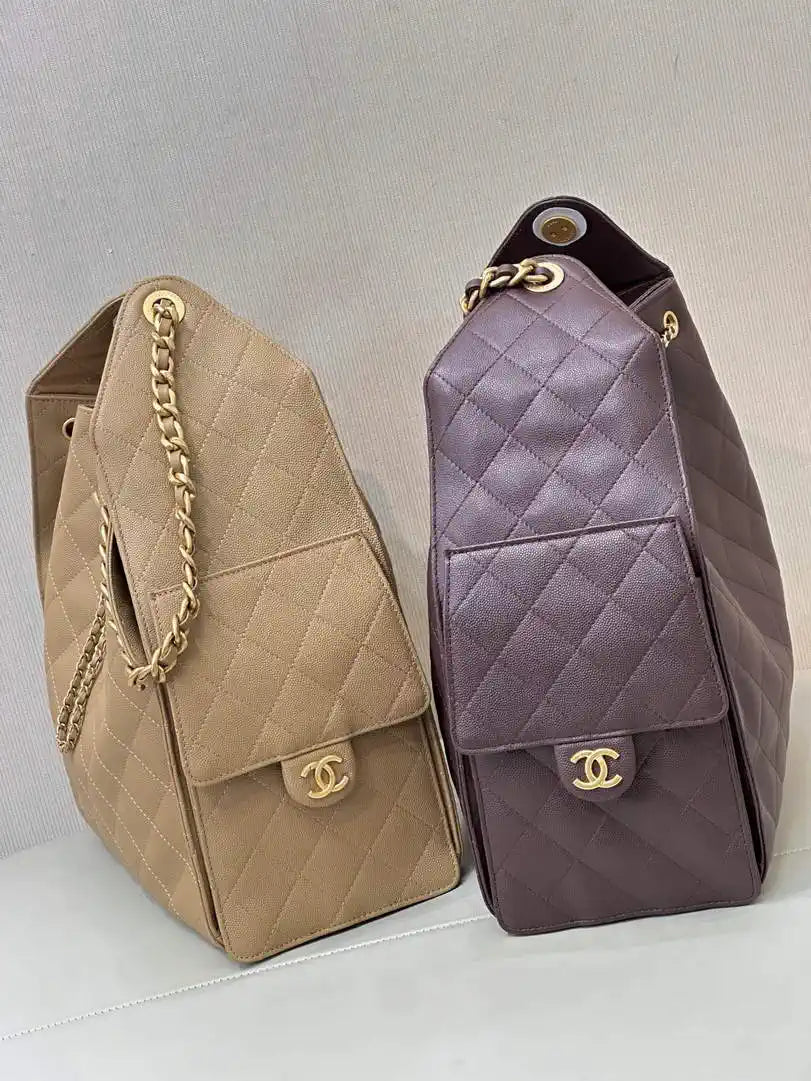 Chanel AS5311 Large Hobo Shiny Calfskin & Gold-Tone Metal Khaki