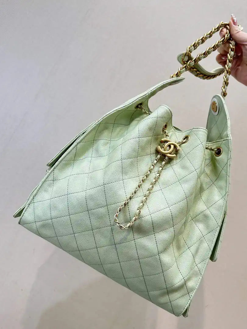Chanel AS5311 Large Hobo Shiny Calfskin & Gold-Tone Metal Ligth Green