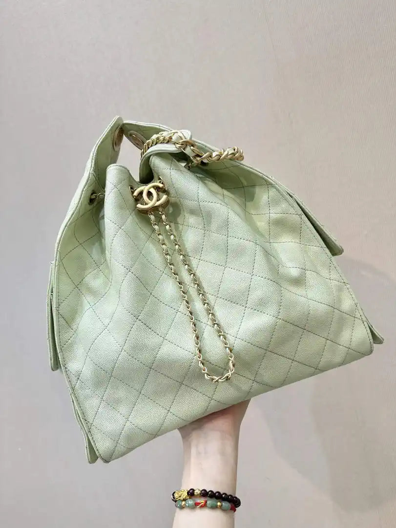 Chanel AS5311 Large Hobo Shiny Calfskin & Gold-Tone Metal Ligth Green