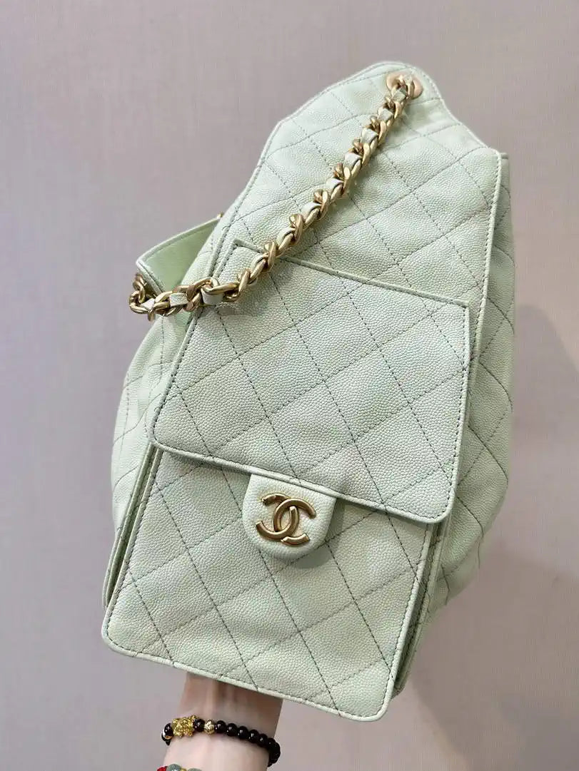 Chanel AS5311 Large Hobo Shiny Calfskin & Gold-Tone Metal Ligth Green