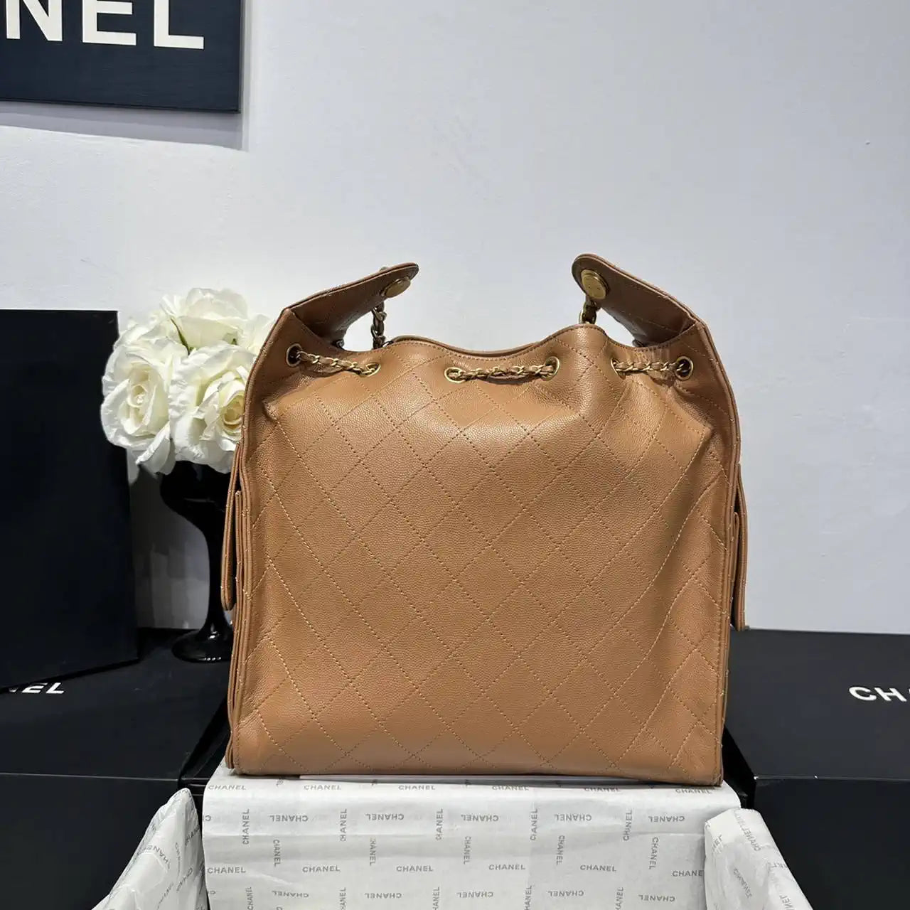 Chanel AS5311 Large Hobo Shiny Calfskin & Gold-Tone Metal Brown