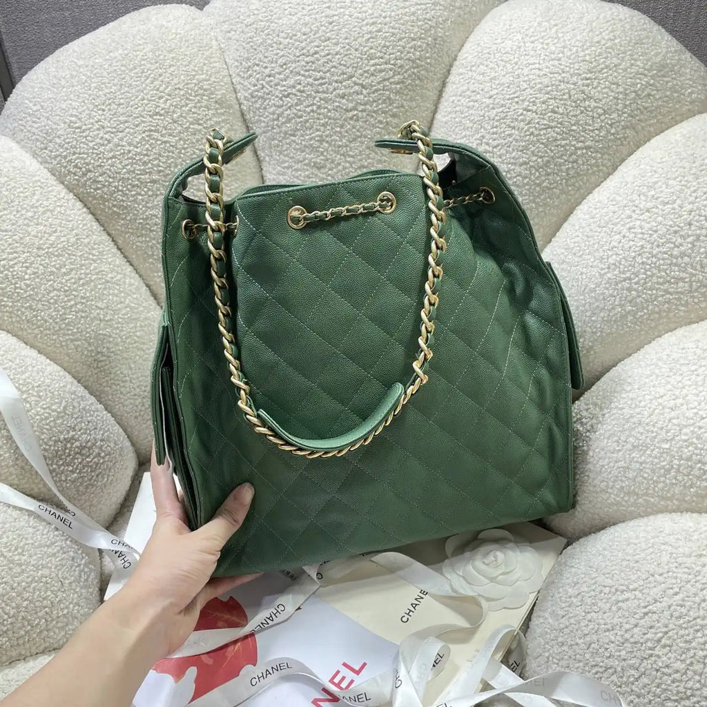 Chanel AS5311 Large Hobo Shiny Calfskin & Gold-Tone Metal Deep Green