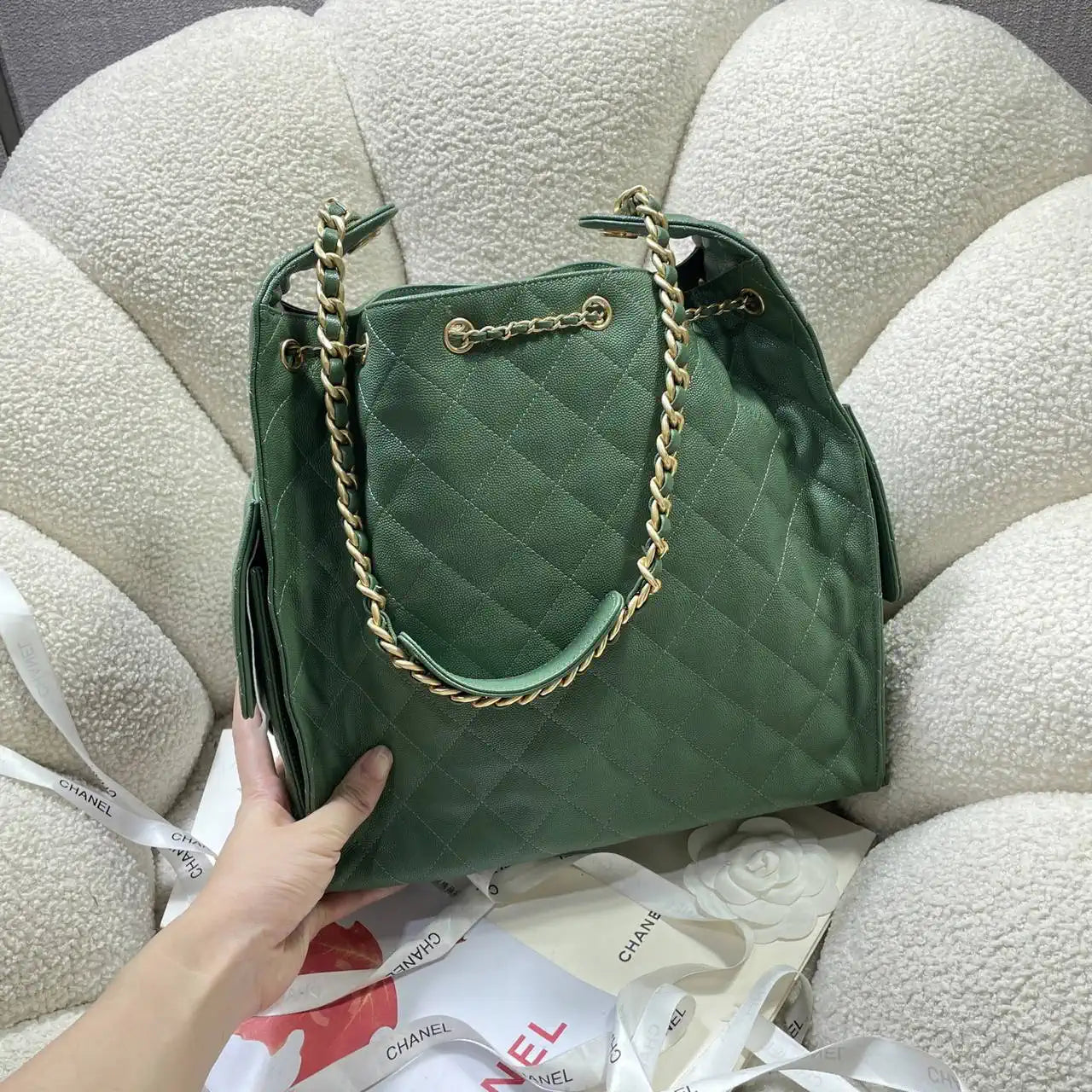 Chanel AS5311 Large Hobo Shiny Calfskin & Gold-Tone Metal Deep Green