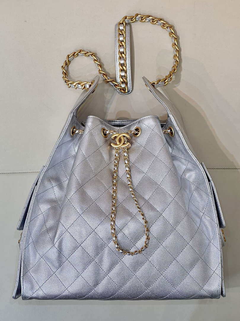 Chanel AS5311 Large Hobo Shiny Calfskin & Gold-Tone Metal Silver - Default Title - View 1