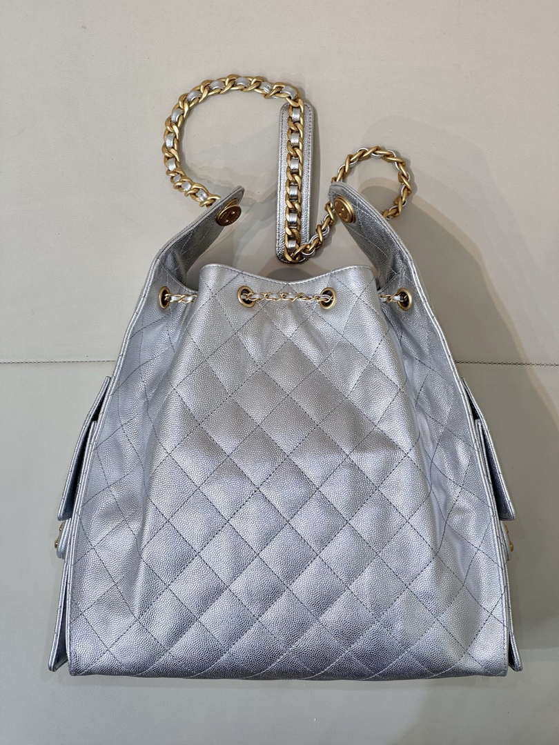 Chanel AS5311 Large Hobo Shiny Calfskin & Gold-Tone Metal Silver