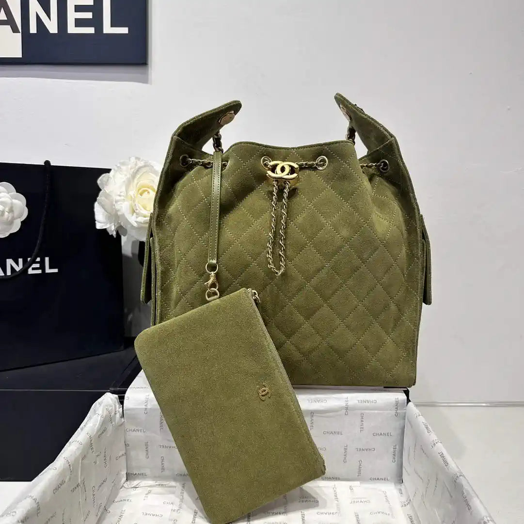 Chanel AS5311 Large Hobo Suede & Gold-Tone Metal Bronze Green