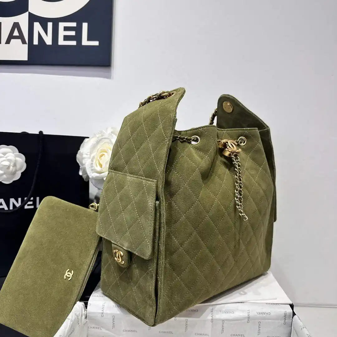 Chanel AS5311 Large Hobo Suede & Gold-Tone Metal Bronze Green