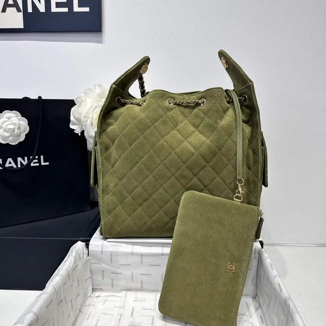 Chanel AS5311 Large Hobo Suede & Gold-Tone Metal Bronze Green