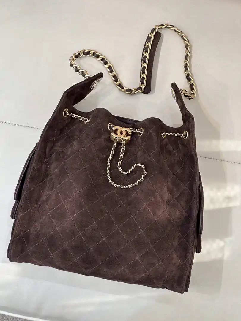 Chanel AS5311 Large Hobo Suede & Gold-Tone Metal Dark Brown
