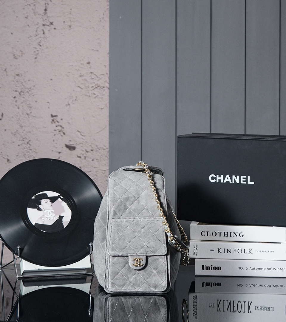 Chanel AS5311 Large Hobo Suede & Gold-Tone Metal Elephant Gray