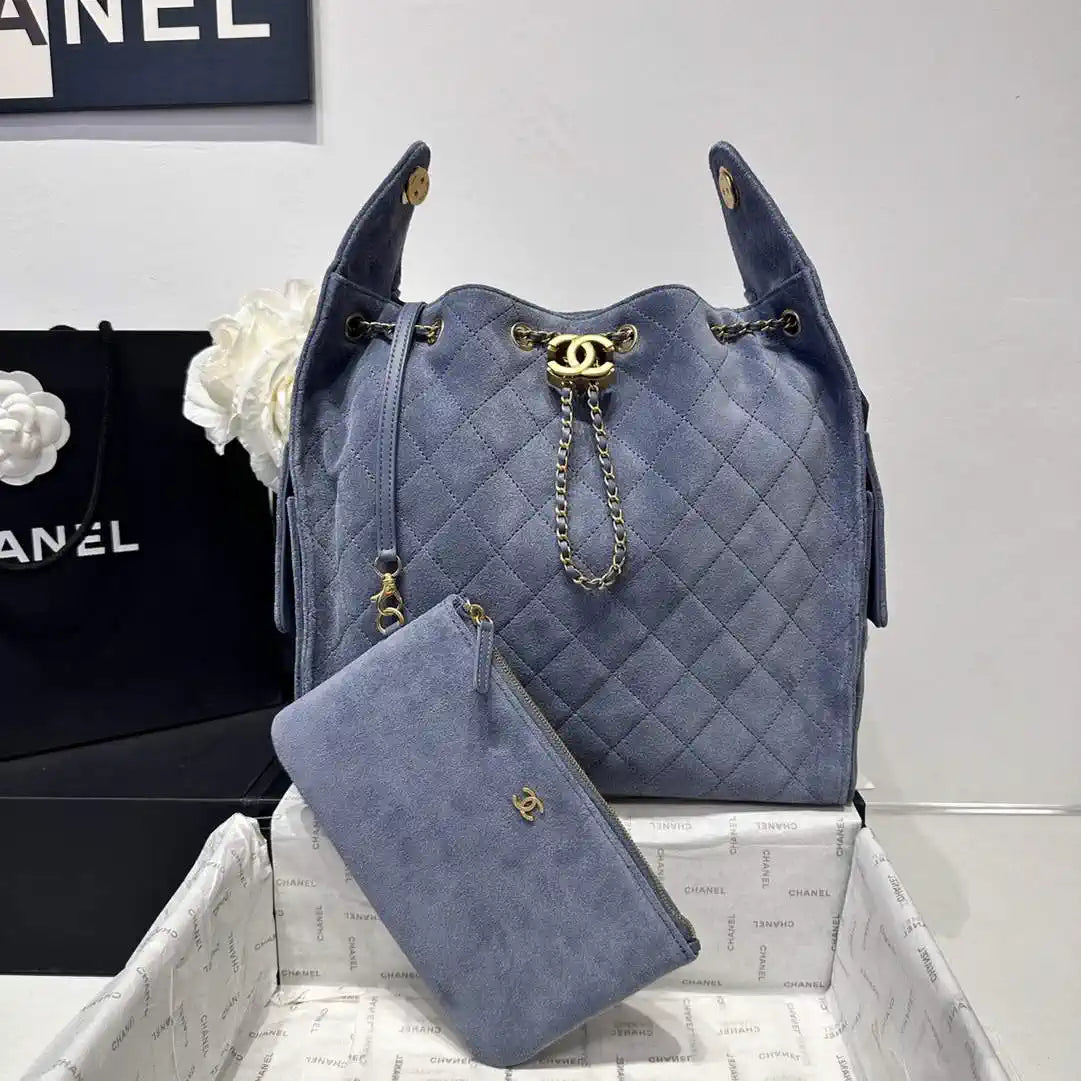 Chanel AS5311 Large Hobo Suede & Gold-Tone Metal Gray Blue
