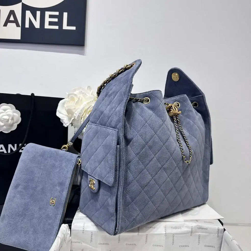 Chanel AS5311 Large Hobo Suede & Gold-Tone Metal Gray Blue