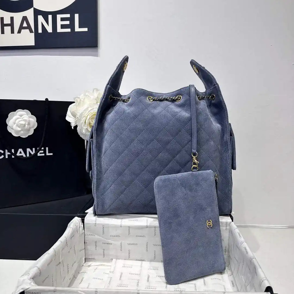 Chanel AS5311 Large Hobo Suede & Gold-Tone Metal Gray Blue