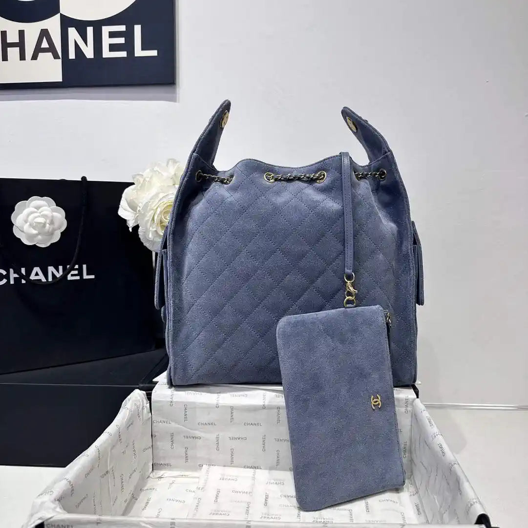 Chanel AS5311 Large Hobo Suede & Gold-Tone Metal Gray Blue