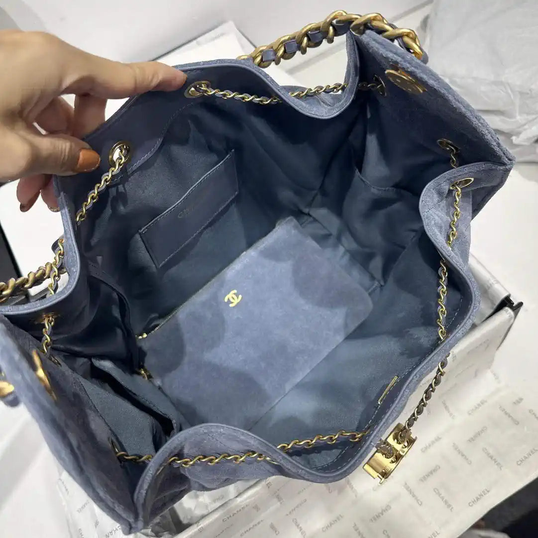 Chanel AS5311 Large Hobo Suede & Gold-Tone Metal Gray Blue