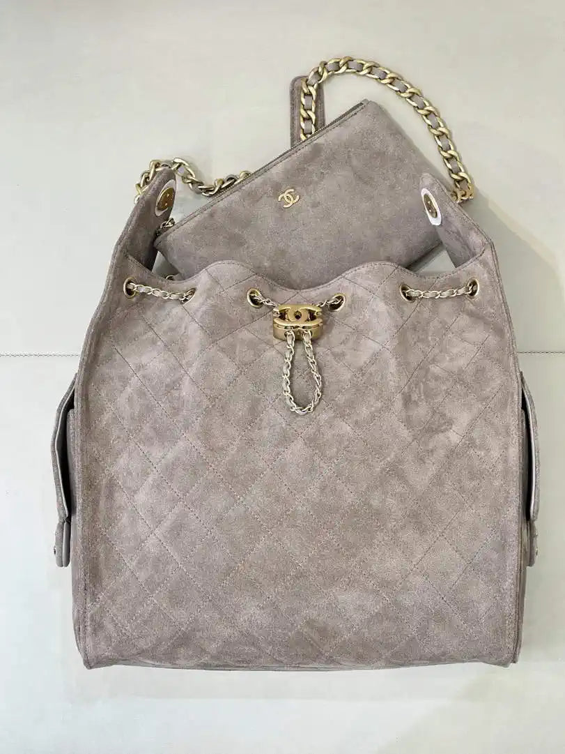 Chanel AS5311 Large Hobo Suede & Gold-Tone Metal Ligth Gray