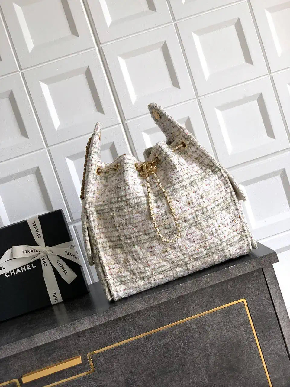 Chanel AS5311 Large Hobo Tweed & Gold-Tone Metal Beige