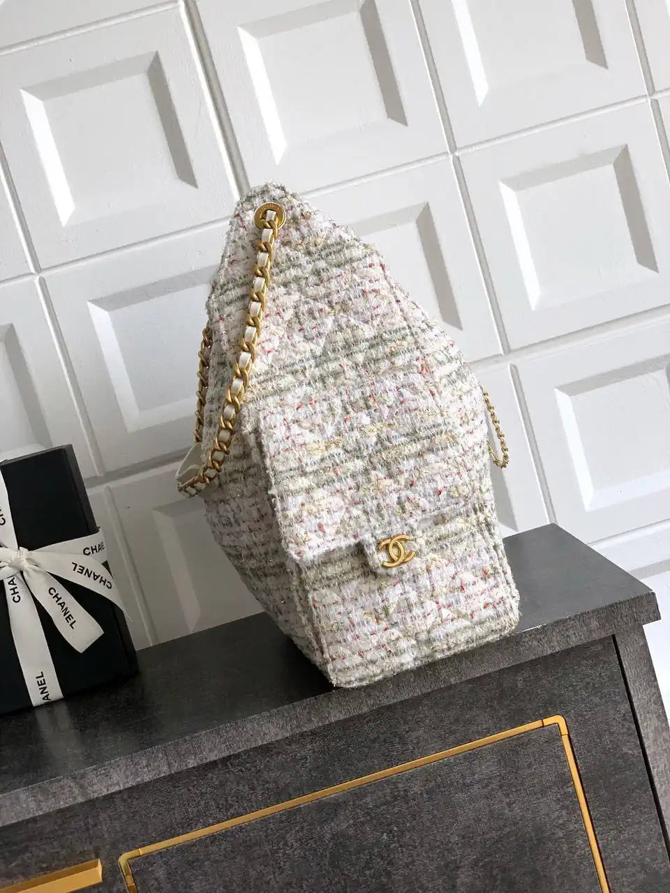 Chanel AS5311 Large Hobo Tweed & Gold-Tone Metal Beige