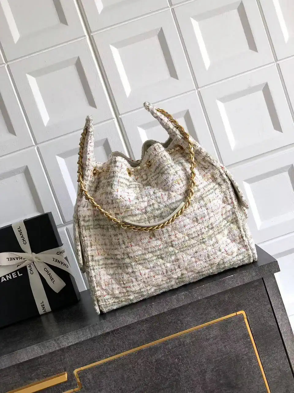 Chanel AS5311 Large Hobo Tweed & Gold-Tone Metal Beige