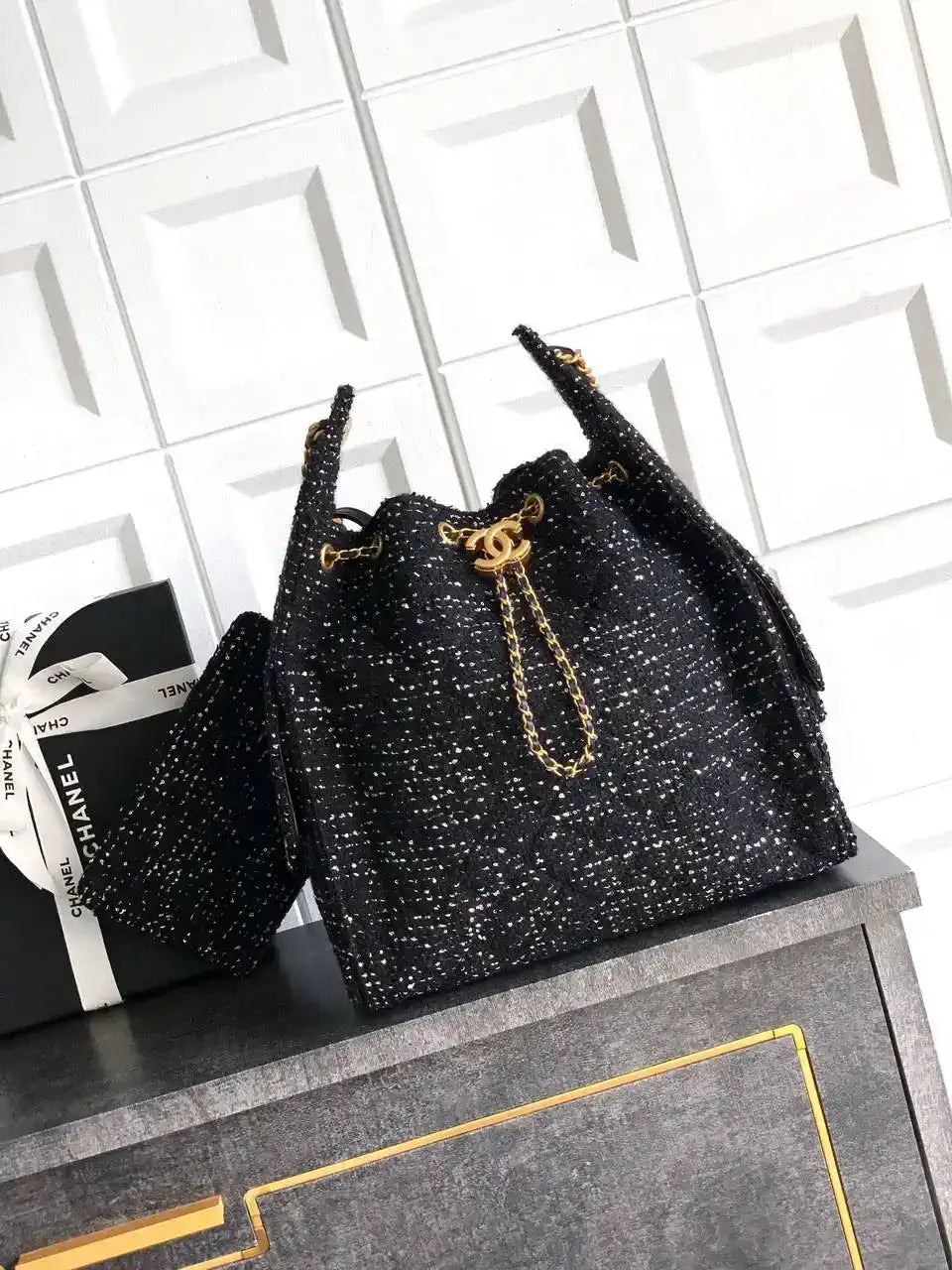 Chanel AS5311 Large Hobo Tweed & Gold-Tone Metal Black