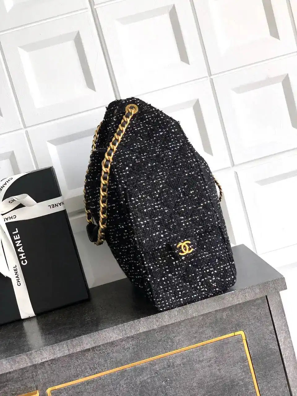Chanel AS5311 Large Hobo Tweed & Gold-Tone Metal Black