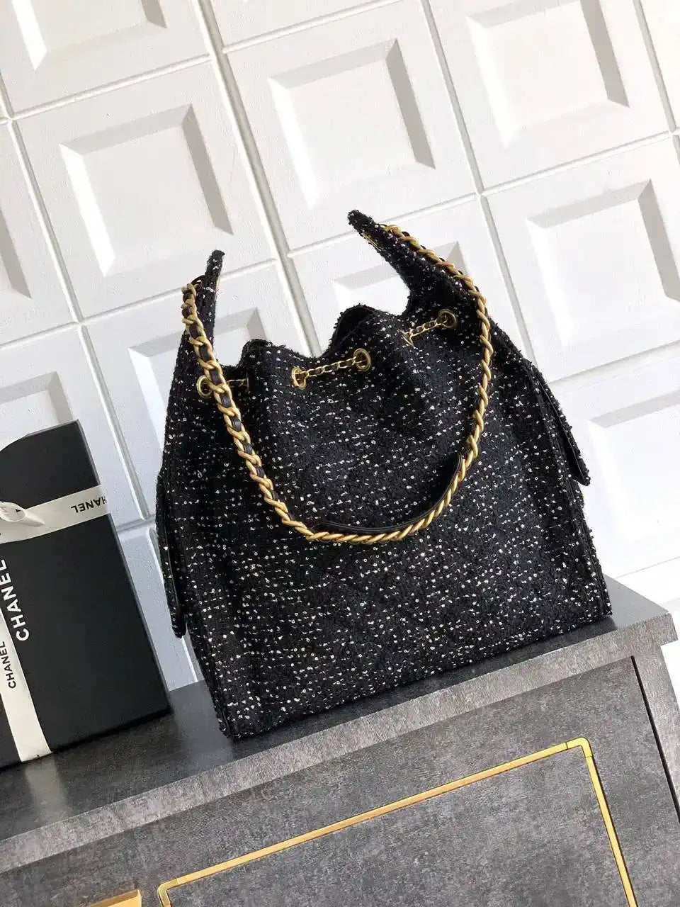 Chanel AS5311 Large Hobo Tweed & Gold-Tone Metal Black