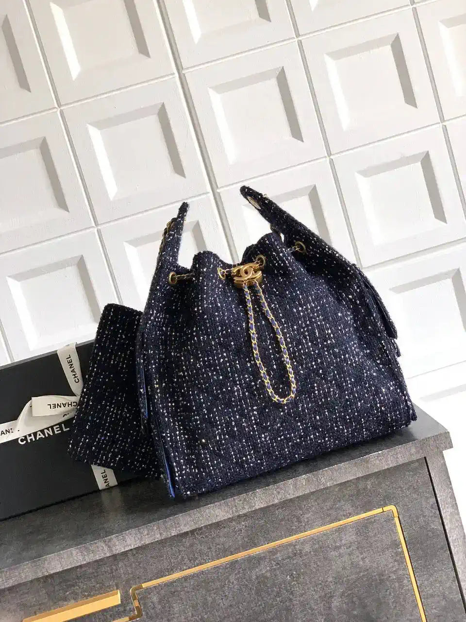 Chanel AS5311 Large Hobo Tweed & Gold-Tone Metal Dark Blue