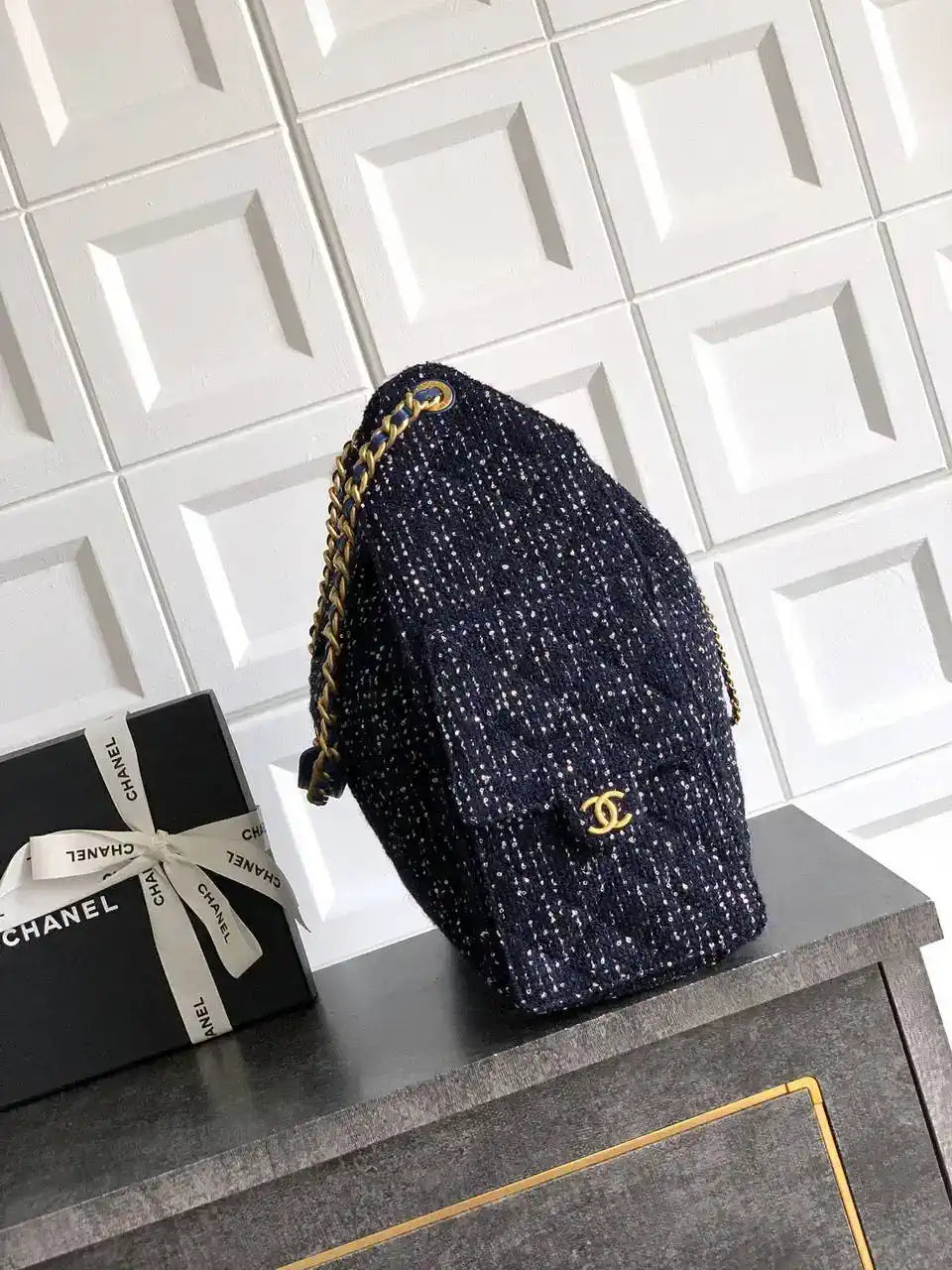 Chanel AS5311 Large Hobo Tweed & Gold-Tone Metal Dark Blue
