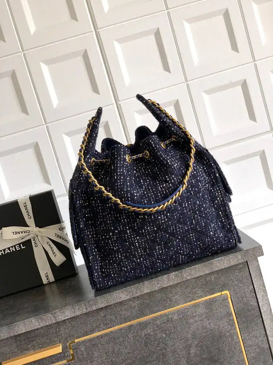 Chanel AS5311 Large Hobo Tweed & Gold-Tone Metal Dark Blue