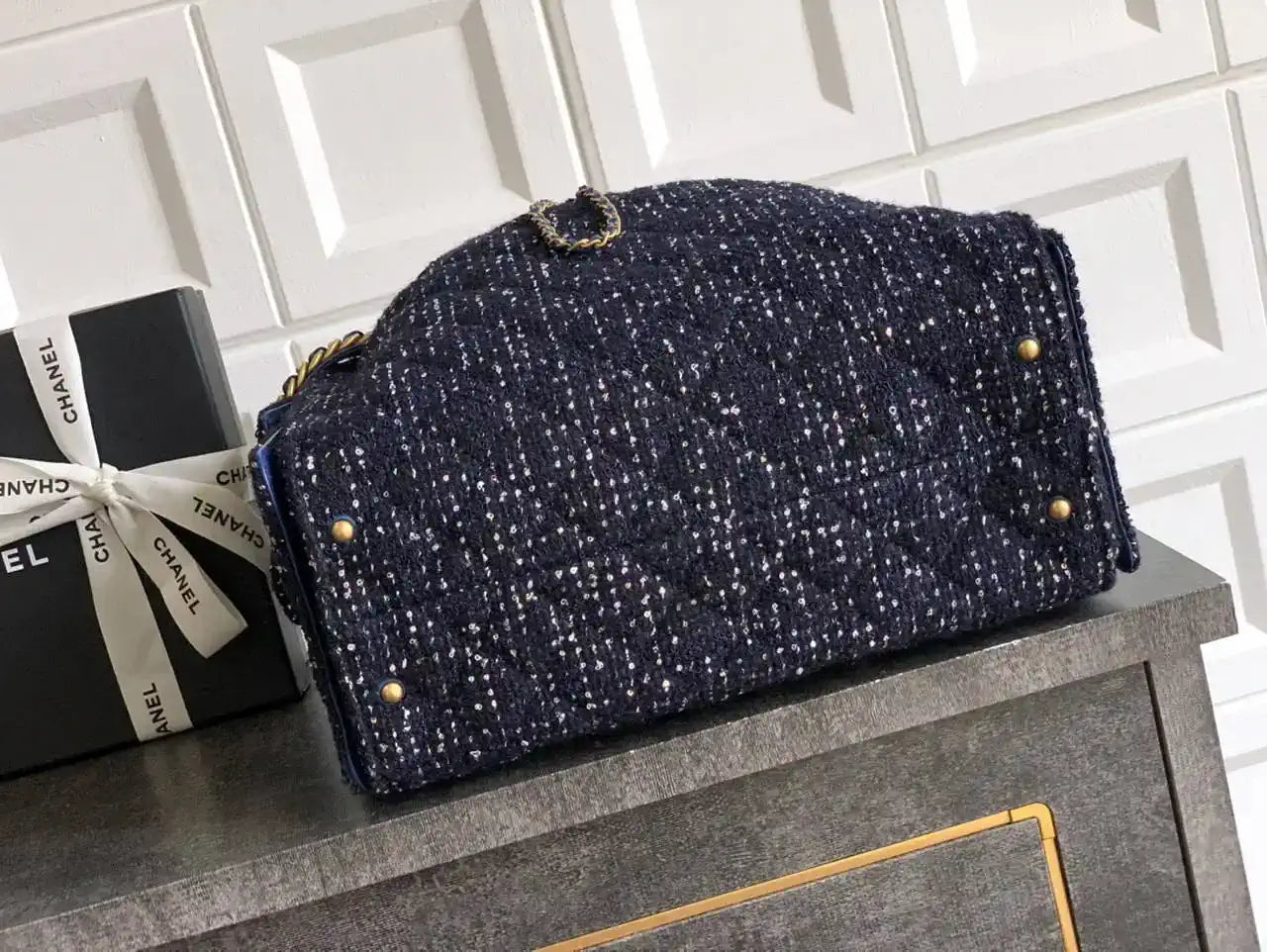 Chanel AS5311 Large Hobo Tweed & Gold-Tone Metal Dark Blue
