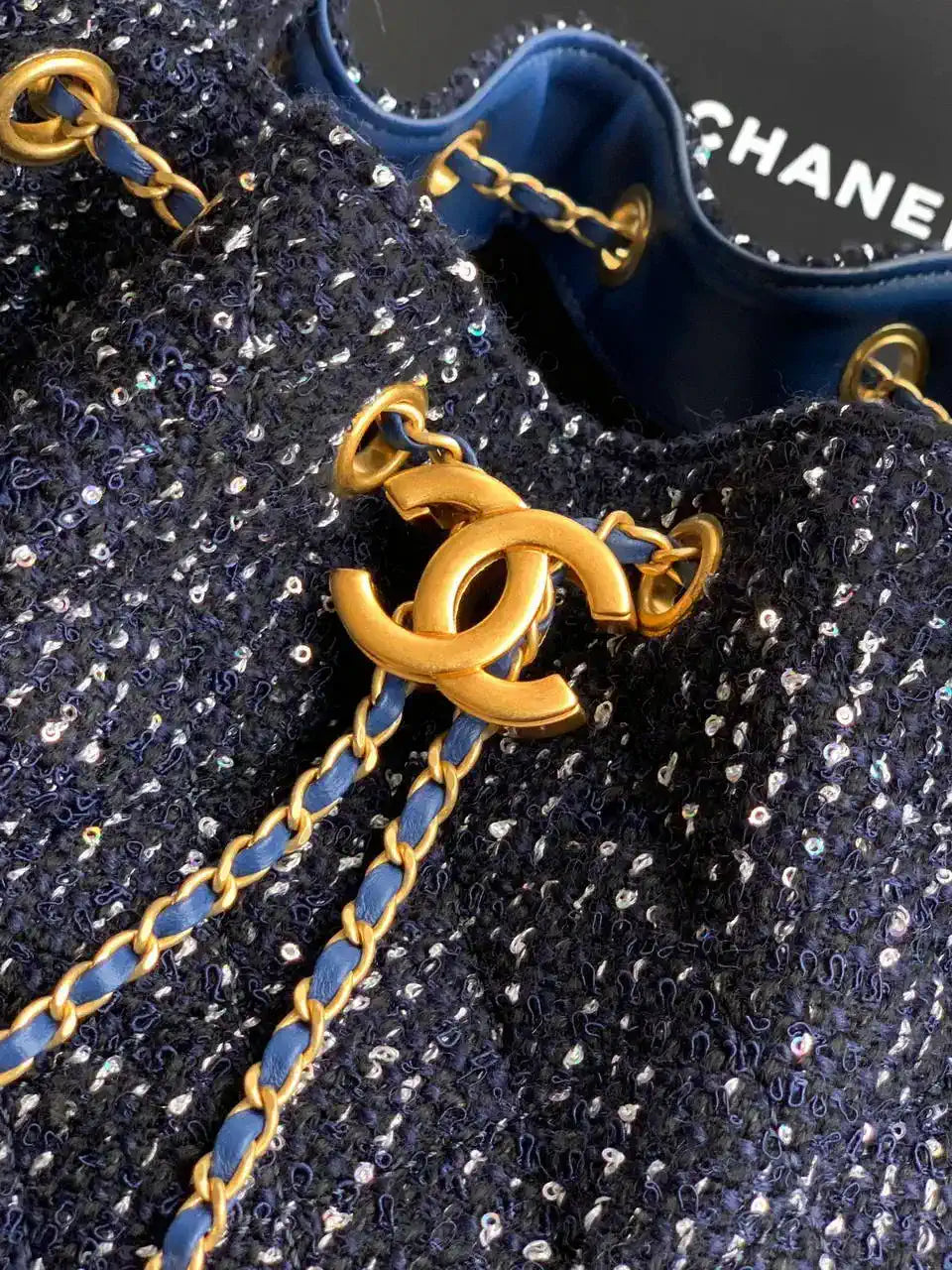 Chanel AS5311 Large Hobo Tweed & Gold-Tone Metal Dark Blue