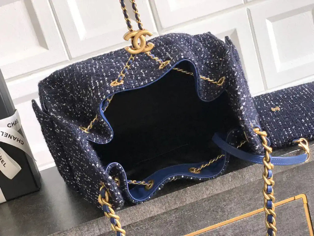 Chanel AS5311 Large Hobo Tweed & Gold-Tone Metal Dark Blue