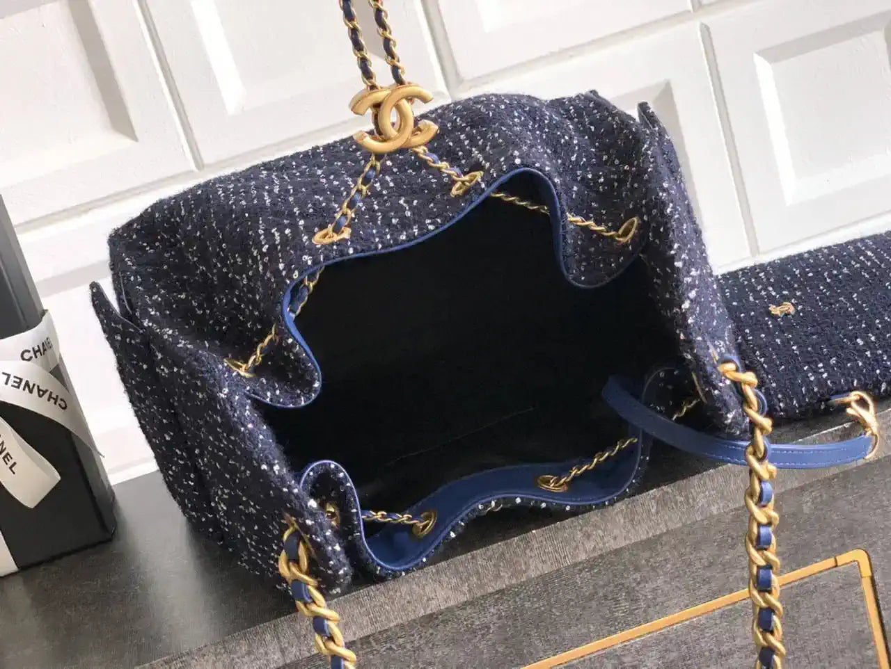 Chanel AS5311 Large Hobo Tweed & Gold-Tone Metal Dark Blue