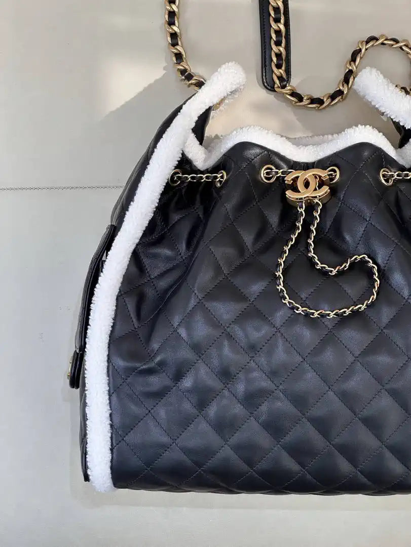 Chanel AS5311 Shearling Sheepskin & Gold-Tone Metal Black & White