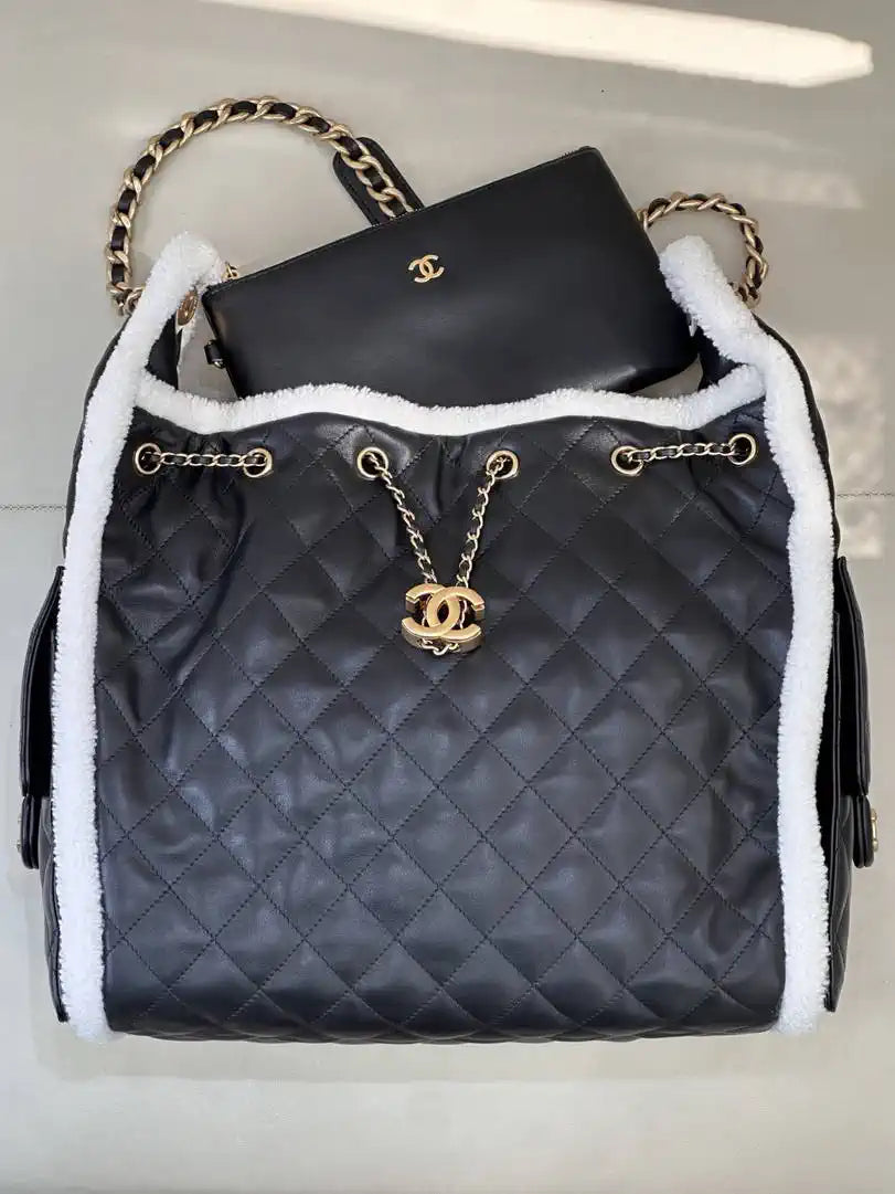 Chanel AS5311 Shearling Sheepskin & Gold-Tone Metal Black & White