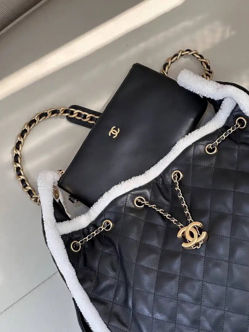 Chanel AS5311 Shearling Sheepskin & Gold-Tone Metal Black & White