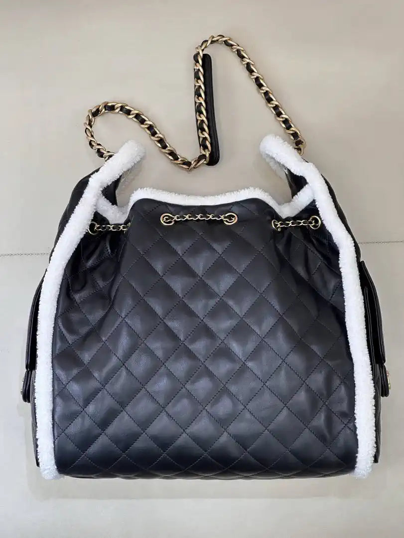 Chanel AS5311 Shearling Sheepskin & Gold-Tone Metal Black & White