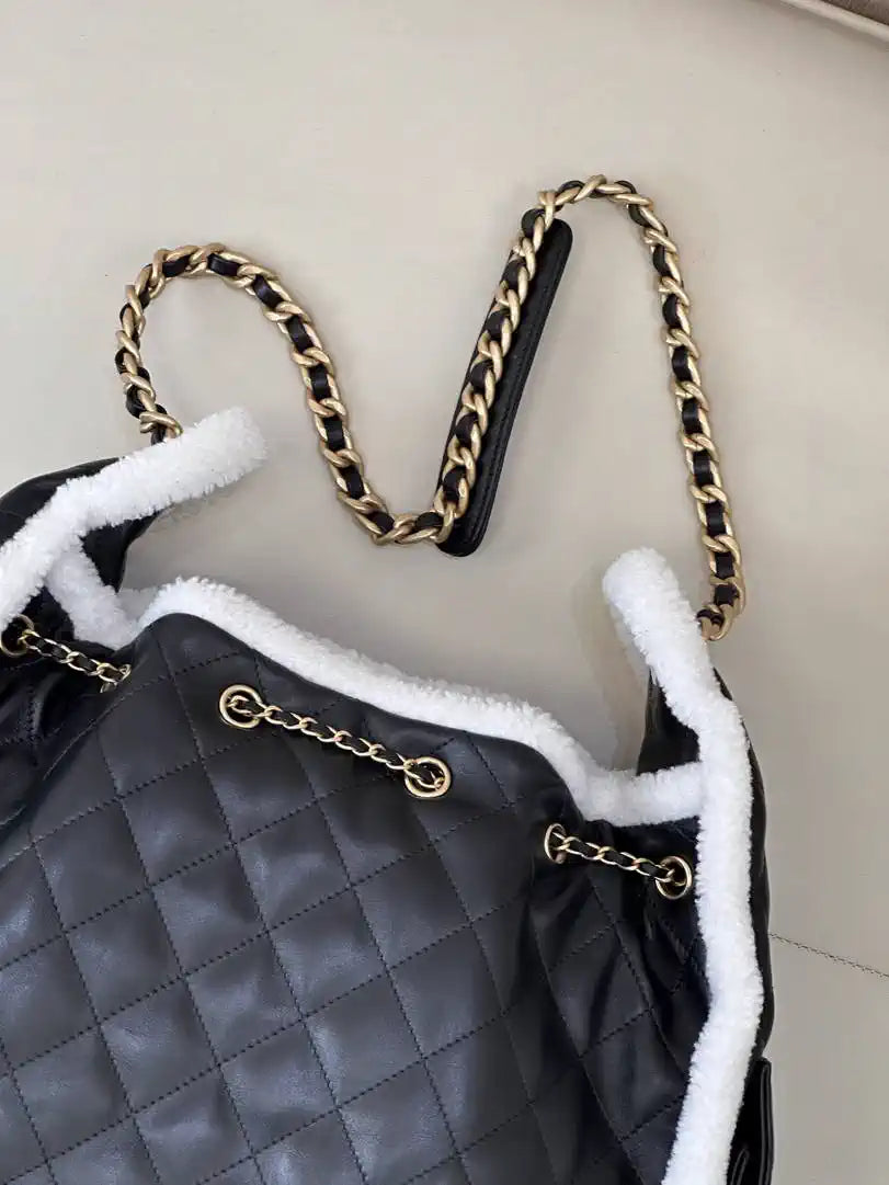 Chanel AS5311 Shearling Sheepskin & Gold-Tone Metal Black & White
