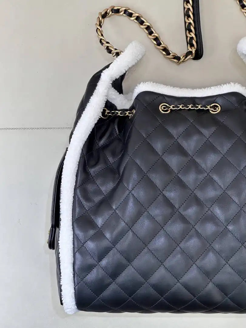Chanel AS5311 Shearling Sheepskin & Gold-Tone Metal Black & White