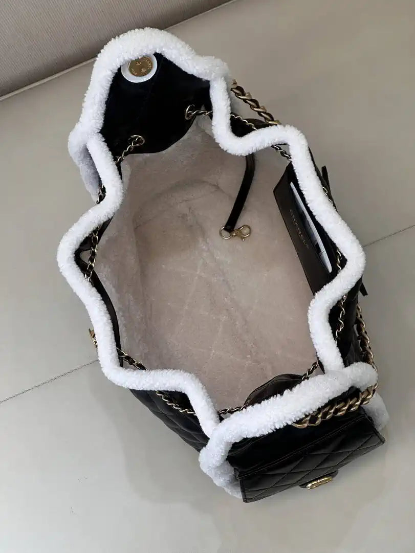 Chanel AS5311 Shearling Sheepskin & Gold-Tone Metal Black & White