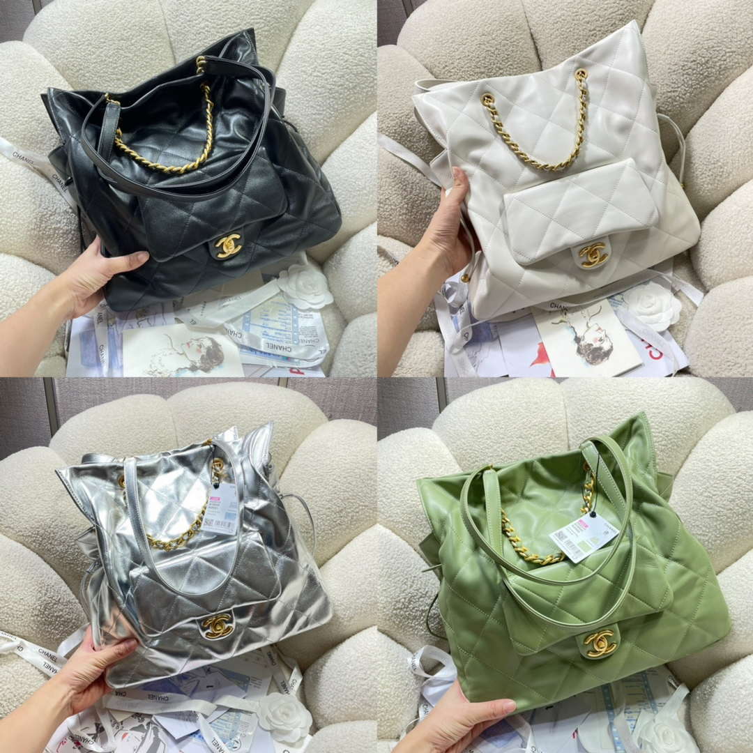 Chanel AS5315 Shopping Bag Shiny Lambskin & Gold-Tone Metal Silver