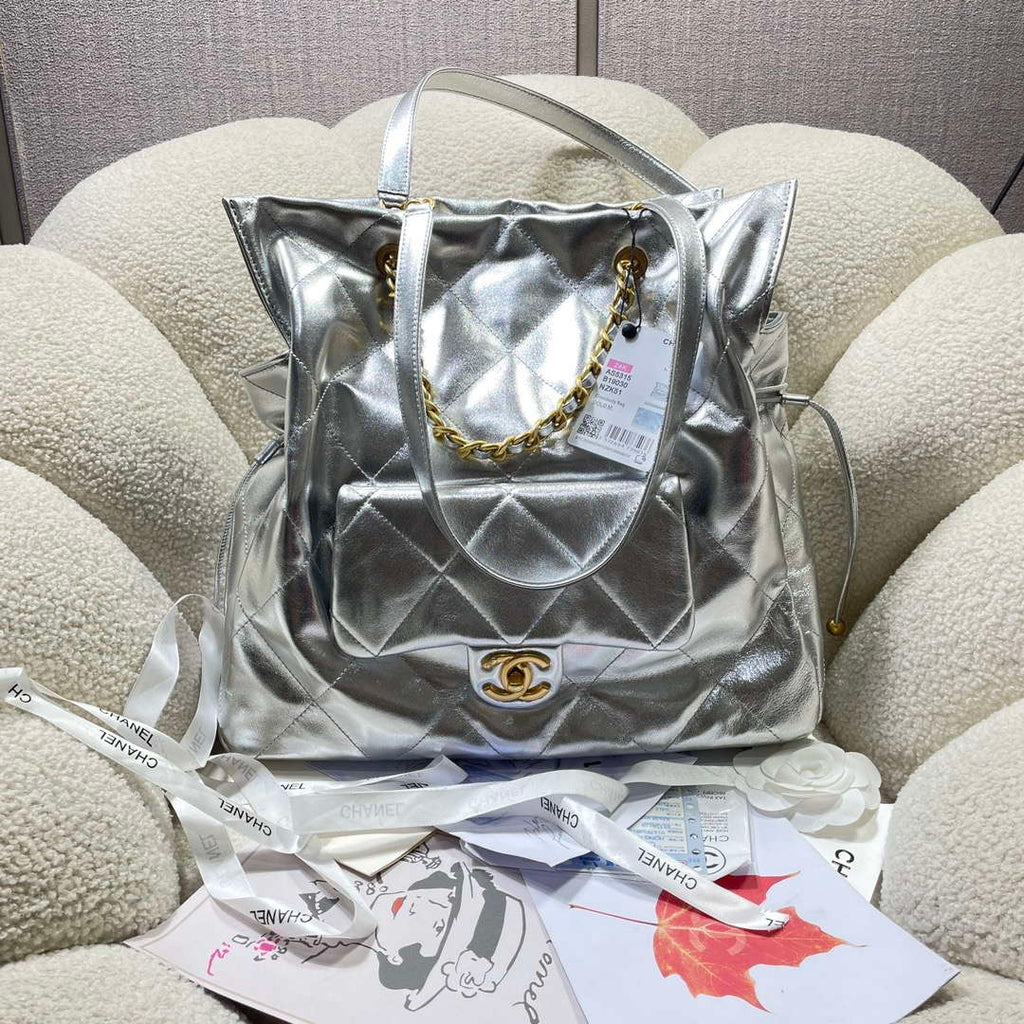 Chanel AS5315 Shopping Bag Shiny Lambskin & Gold-Tone Metal Silver
