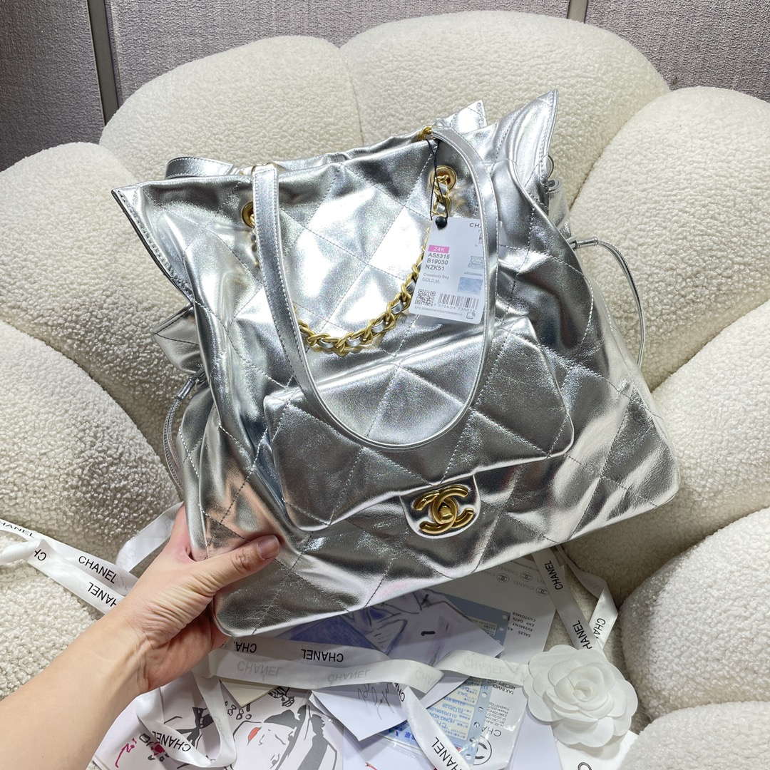 Chanel AS5315 Shopping Bag Shiny Lambskin & Gold-Tone Metal Silver - Default Title - View 3