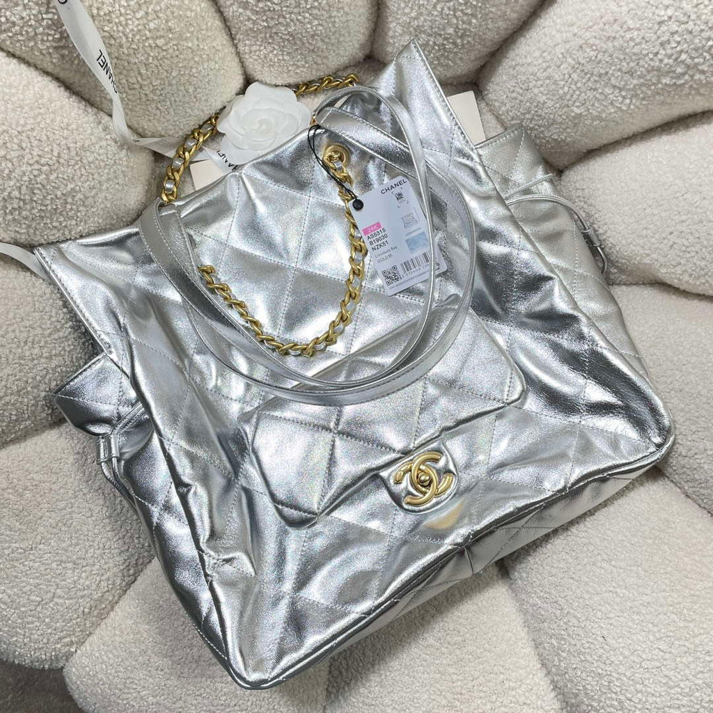 Chanel AS5315 Shopping Bag Shiny Lambskin & Gold-Tone Metal Silver