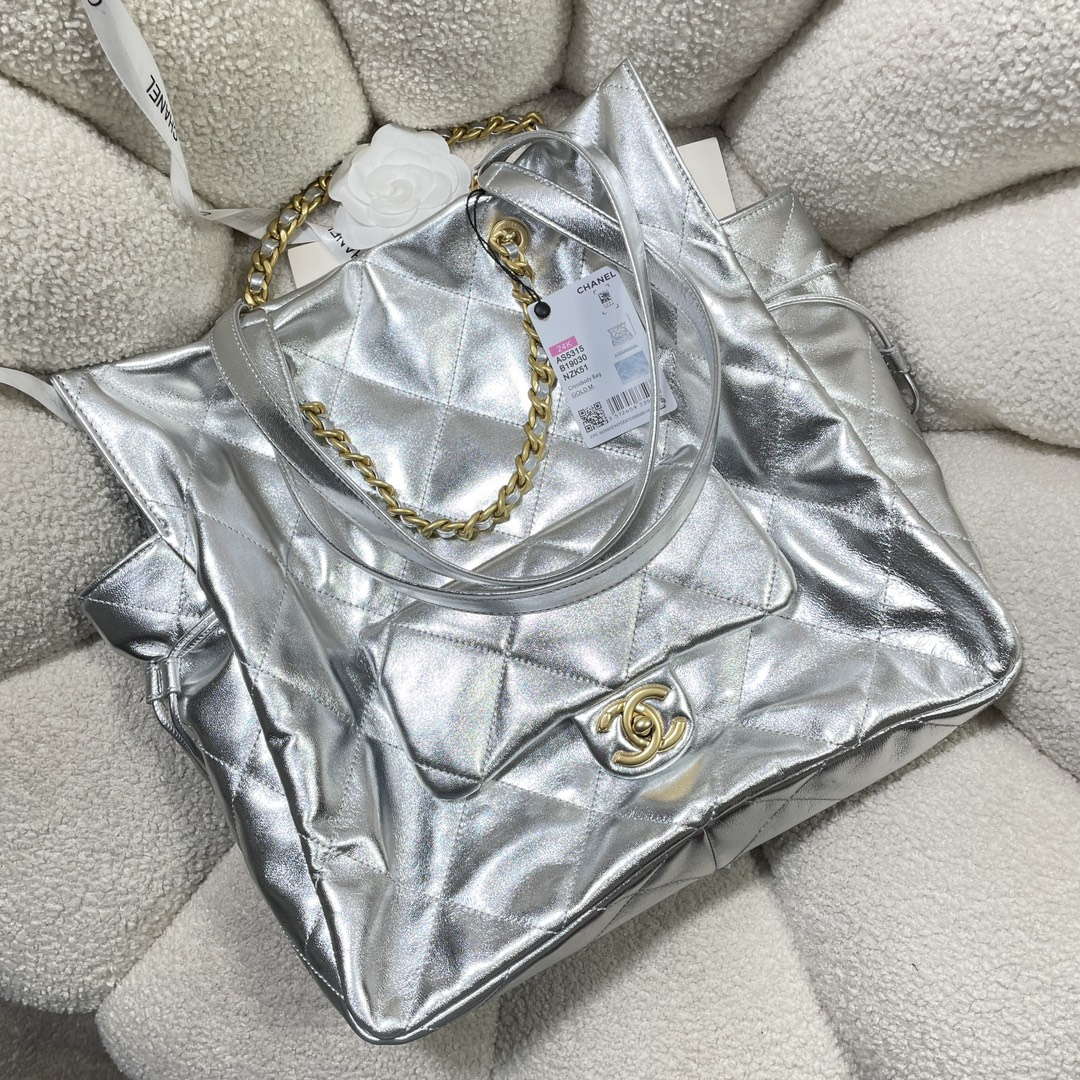 Chanel AS5315 Shopping Bag Shiny Lambskin & Gold-Tone Metal Silver