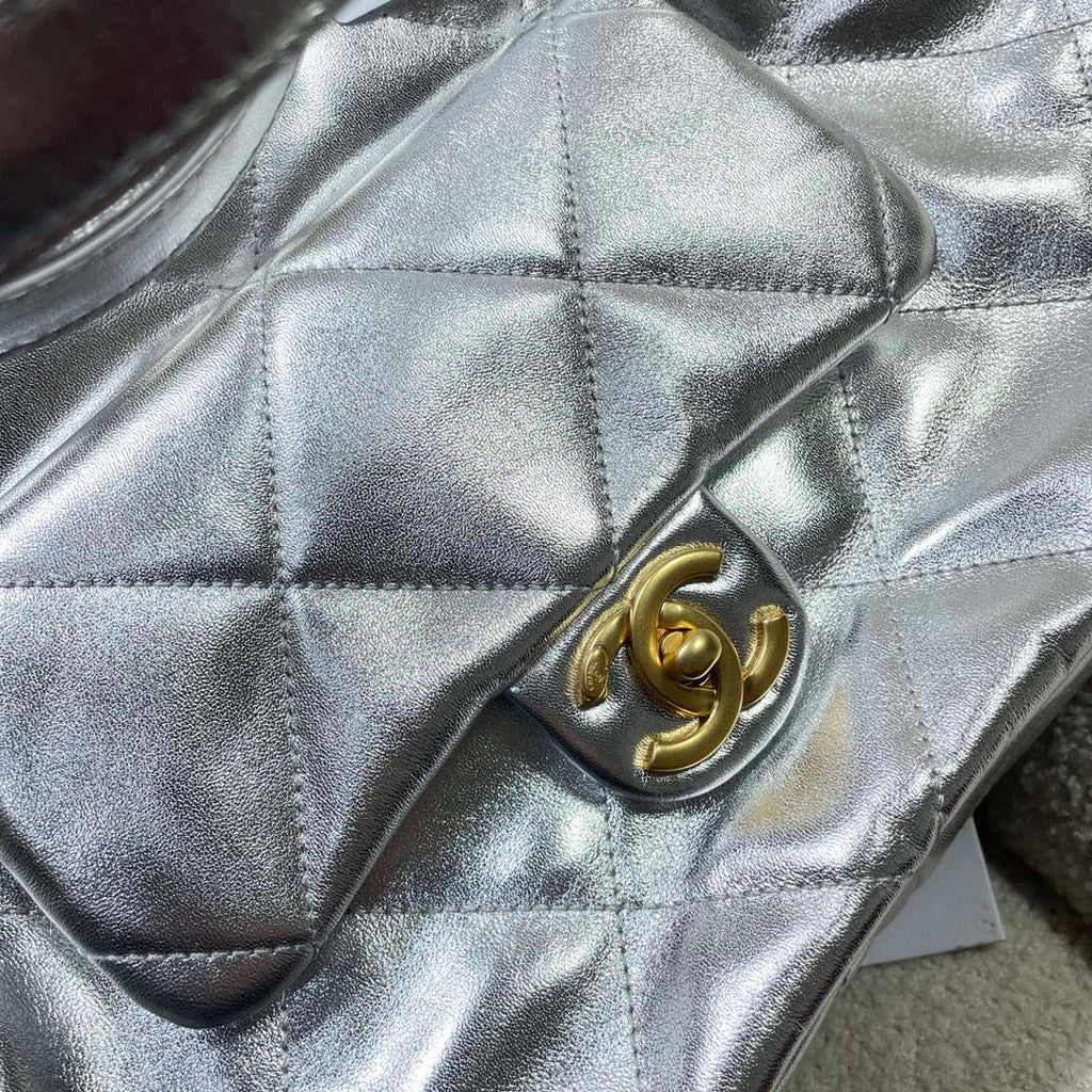 Chanel AS5315 Shopping Bag Shiny Lambskin & Gold-Tone Metal Silver