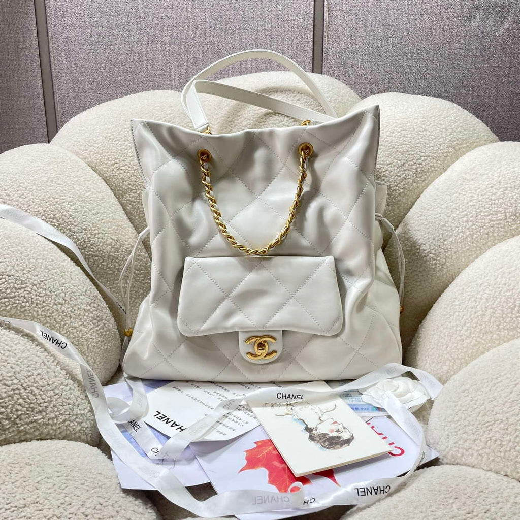 Chanel AS5315 Shopping Bag Shiny Lambskin & Gold-Tone Metal  White